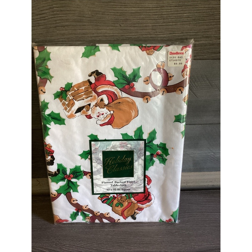 Holiday Classics Santa Christmas Flannel Back Vinyl Tablecloth 52 x 52 Vintage